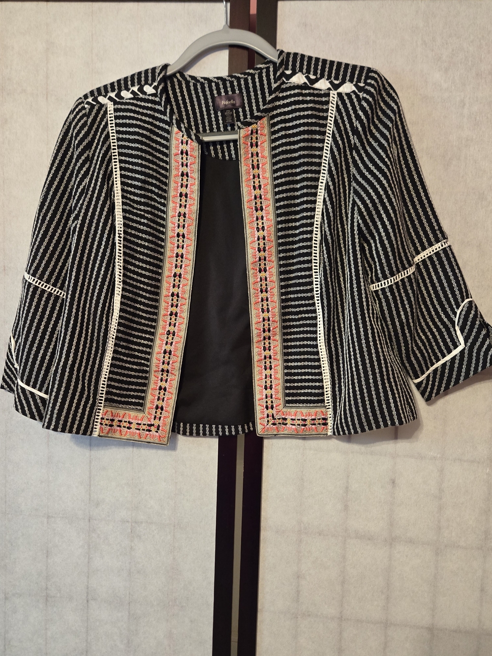 Rafaella Black & White Striped Open-Front Jacket with Coral Embroidered Trim